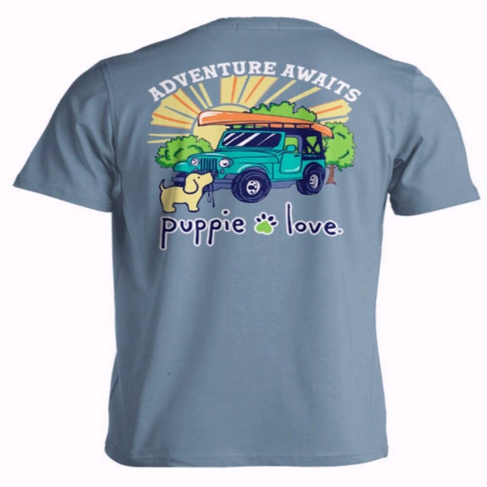 Puppie Love Dog Adventure Awaits Off-Road Camping Pup Short Sleeve T-Shirt - NEW